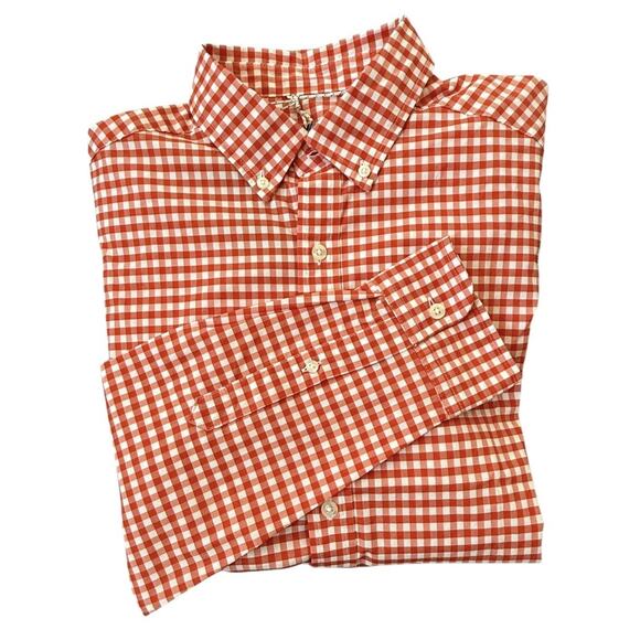 Vineyard Vines On The Go Brrr Cooling Button Down Shirt Orange Gingham Small NEW - Picture 1 of 13